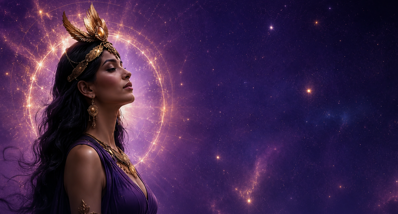Deusa em perfil com coroa dourada e cosmos violeta ao fundo